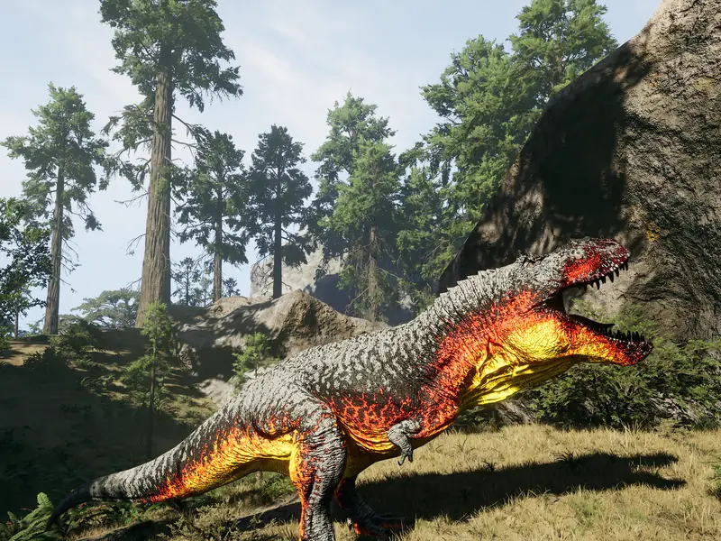 Carnívoro con la skin del clan rugiendo a la sombra de una roca, en un bosque de pinos altos