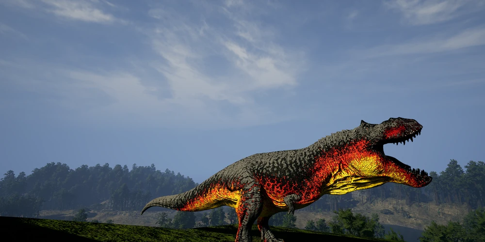 Carnívoro con la skin del clan, gris con el vientre y el cuello de rojo lava a amarillo, rugiendo en lo alto de una colina bajo el cielo azul