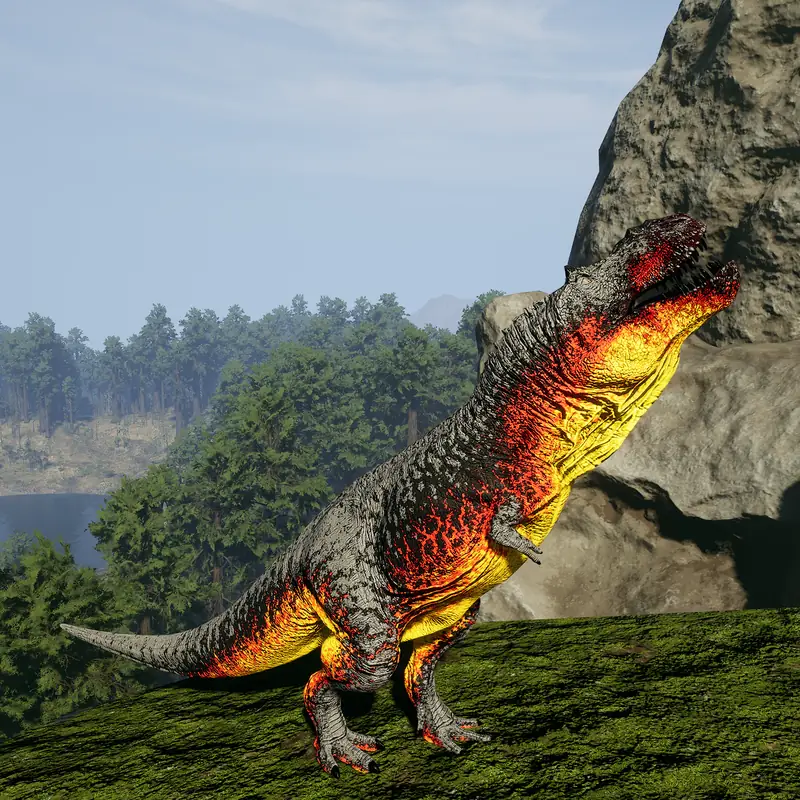 Carnívoro con la skin del clan erguido en una ladera de hierba junto a una gran roca, con un valle de bosque al fondo