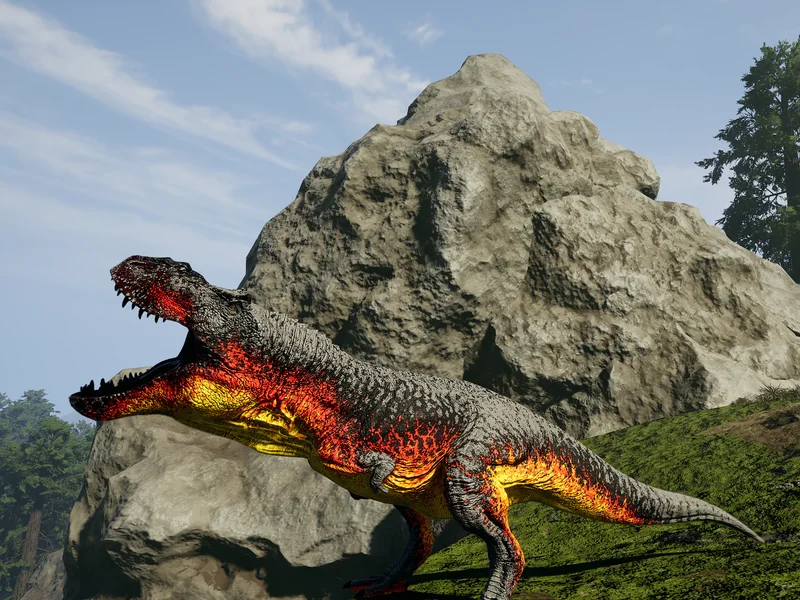 Carnívoro con la skin del clan rugiendo junto a una roca enorme, en lo alto de una pradera