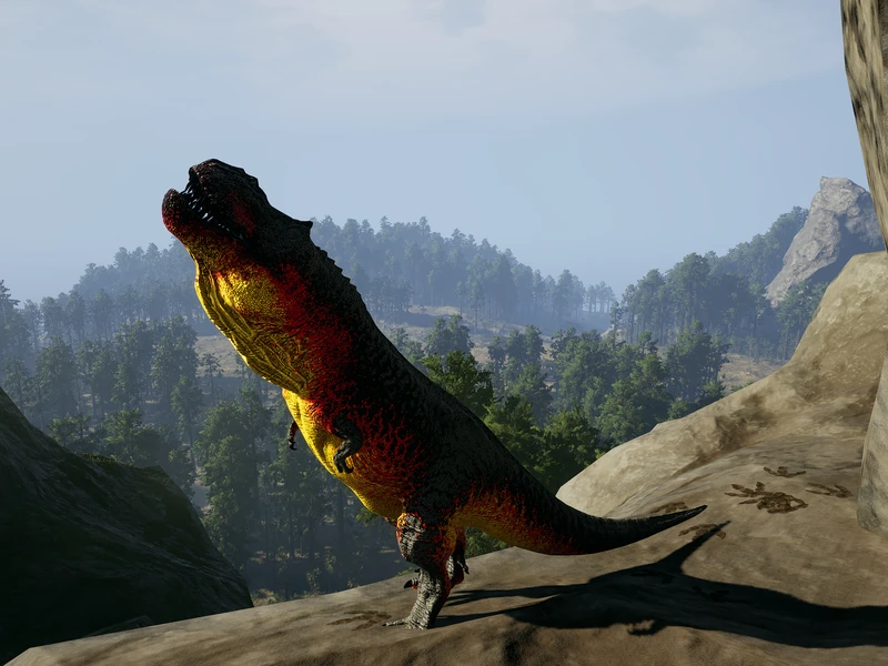 Carnívoro con la skin del clan a contraluz en un saliente de roca, mirando al cielo sobre un valle de bosque